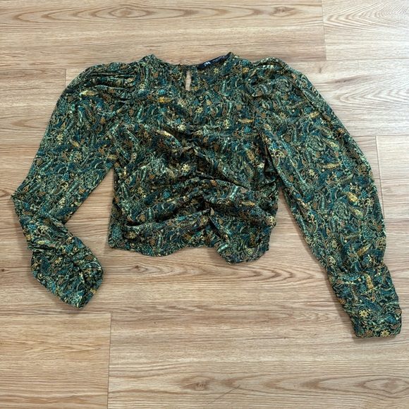Zara Women's Ruched Long Sleeve Paisley Cropped Blouse Small Green Boho - Picture 4 of 9